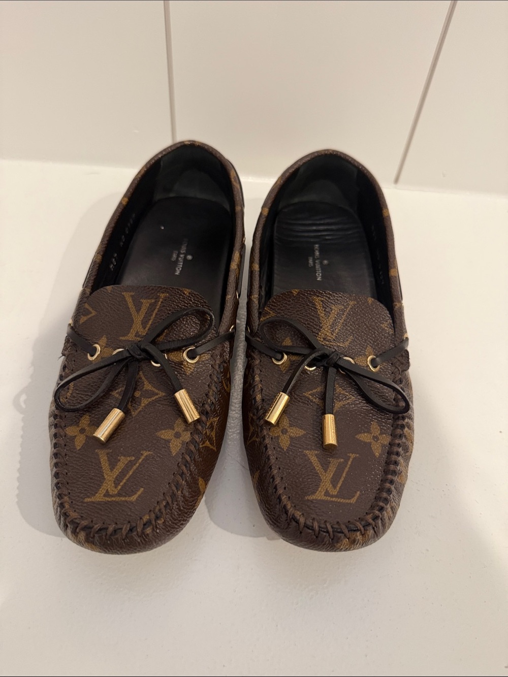 Louis Vuitton Brown Monogram Leather Driving Loafers with Gold Accents